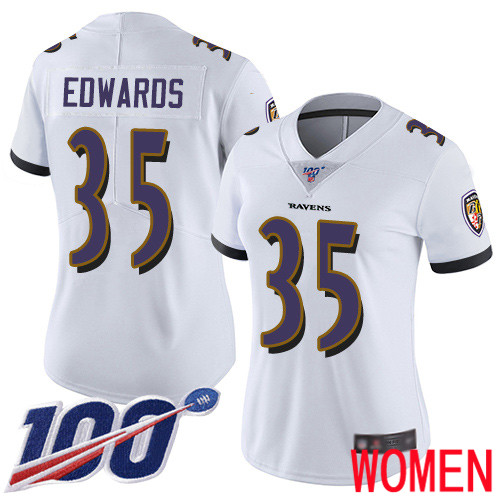Baltimore Ravens Limited White Women Gus Edwards Road Jersey NFL Football #35 100th Season Vapor Untouchable
